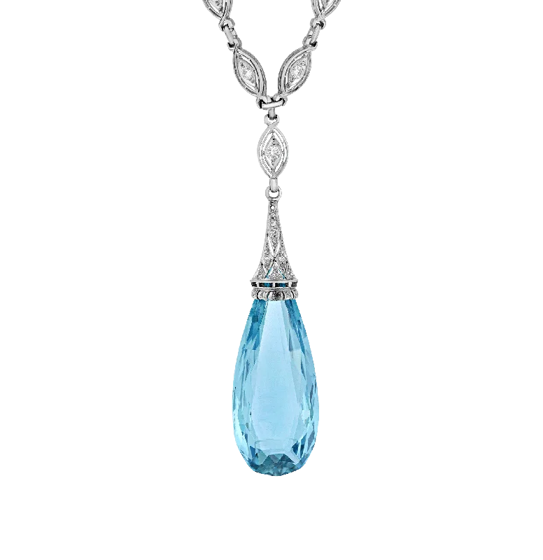 Long Beaded Necklace For Casual Look-Art Deco Briolette Cut Aquamarine Pendant, 40.00 carats