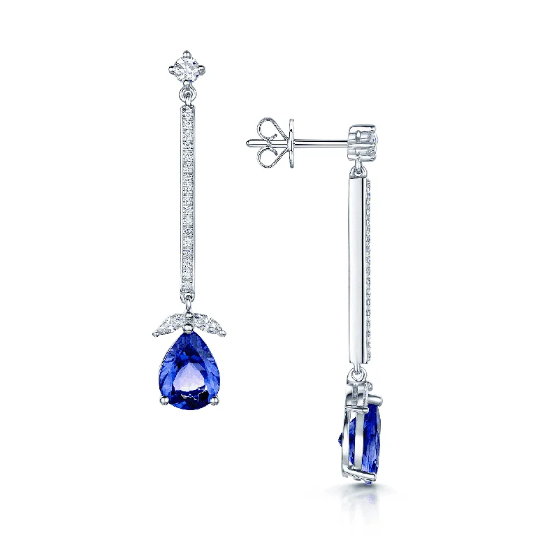 Teardrop Earrings For Bridesmaids-18ct White Gold Pear Tanzanite And Diamond Long Drop Earrings