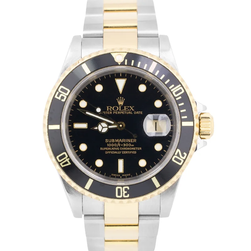 Sports Watches With GPS For Runners-PAPERS Rolex Submariner Date 40mm BLACK Two-Tone 18K GOLD BUCKLE Steel 16613 BOX