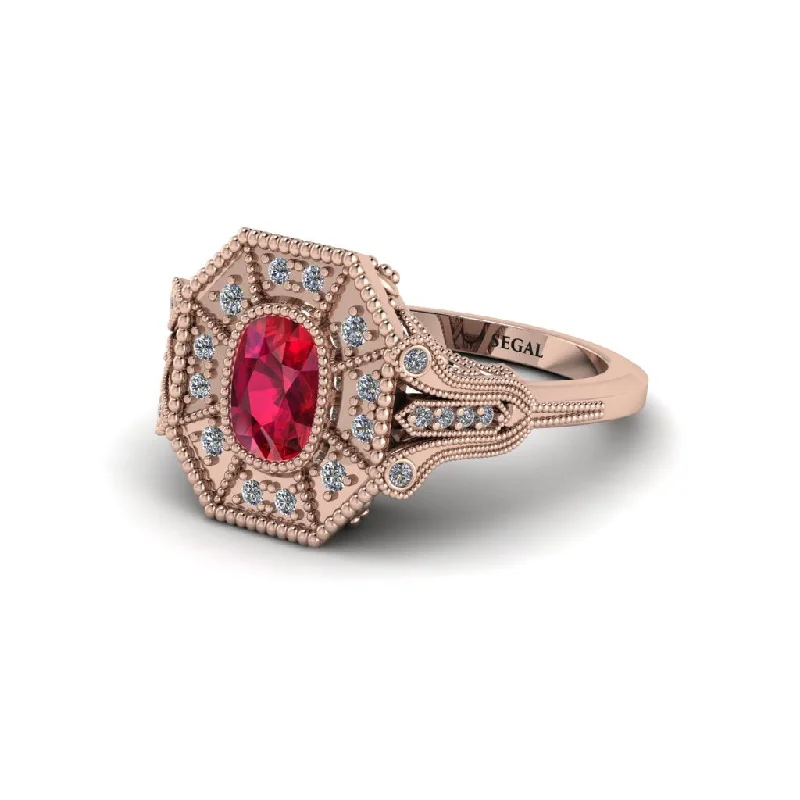 Handmade Gold Rings For Fashionistas-Ruby Cushion Cut Art Deco Engagement Ring - Alicia No. 11