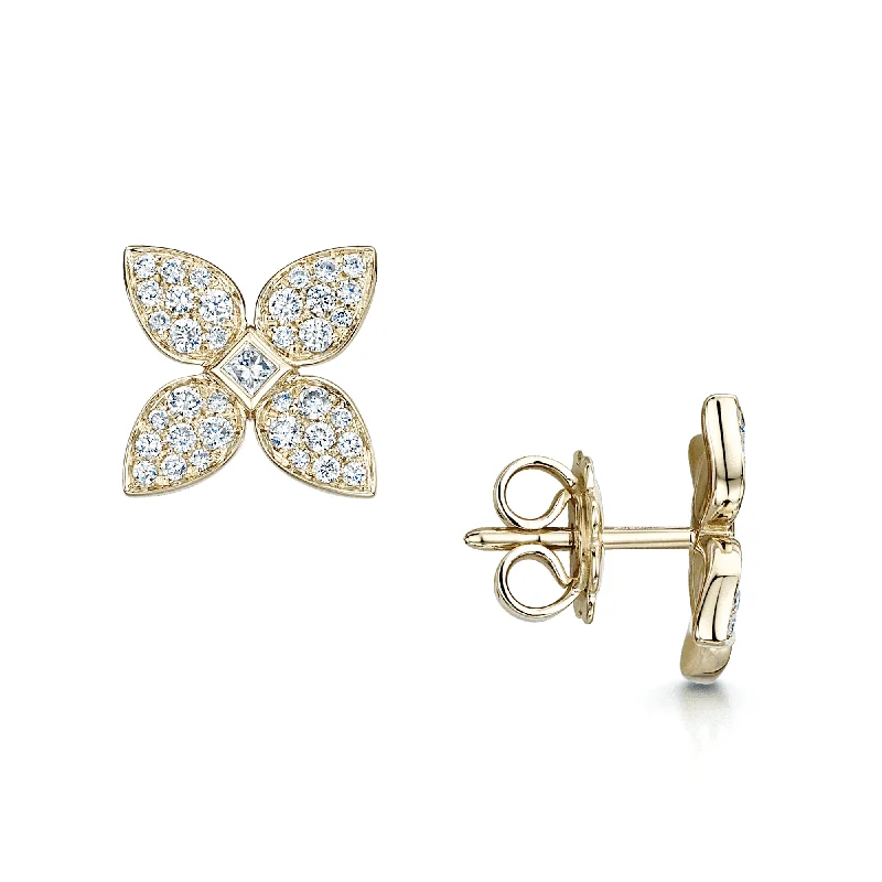 Boho Earrings For Free-Spirited Look-18ct Yellow Gold Flower Stud Earrings With Diamond Pave Set Petals