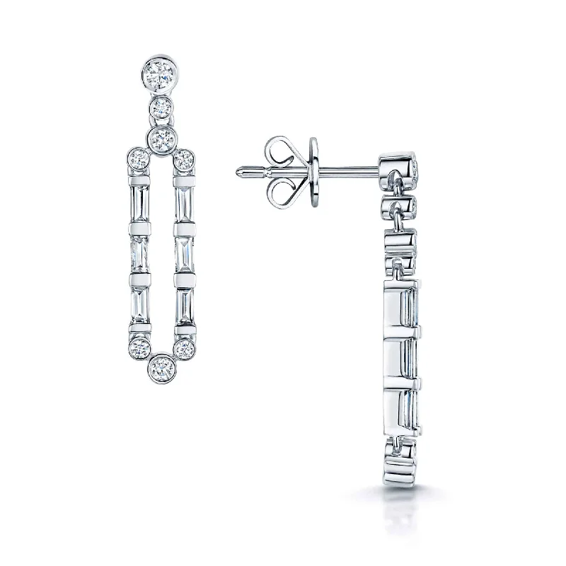 Cute Earrings For Kids-18ct White Gold Round Brilliant Cut & Baguette Cut Diamond Rubover & Bar Set Earrings