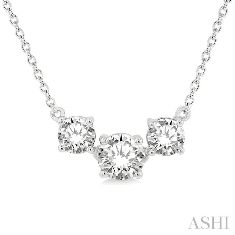 Elegant Crystal Pendant Necklace For Weddings-1 Ctw Three Stone Round Cut Diamond Necklace in 14K White Gold