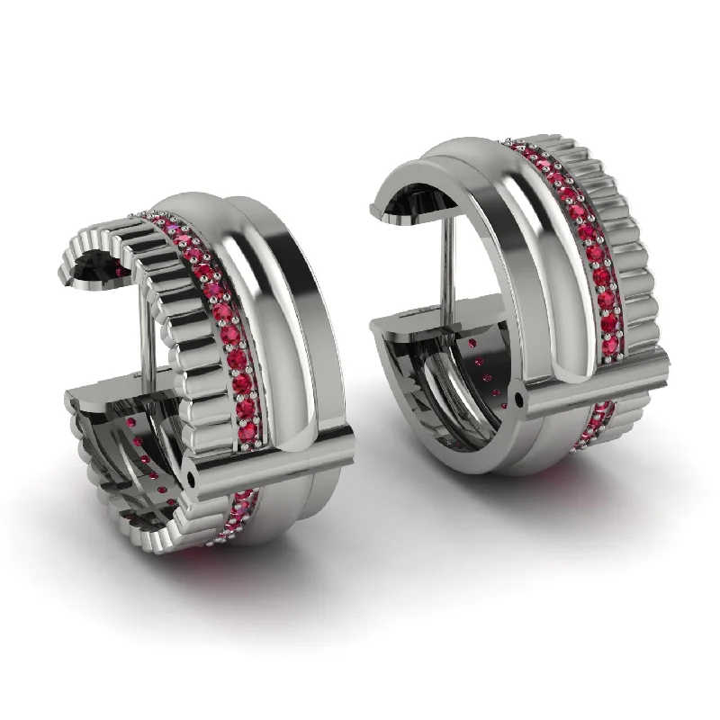 Modern Hoop Earrings For Daily Wear-Exclusive Baguette Hoop Earrings With Ruby Accents - Aliyah No. 12