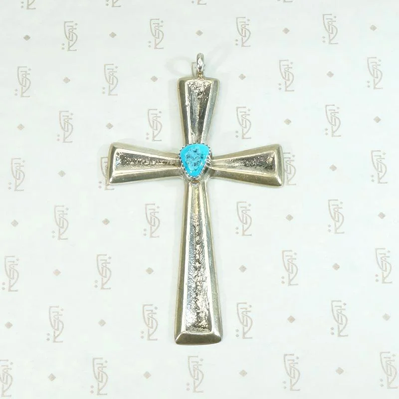 Trendy Gold Necklace For Fashion Events-Sand Cast Silver Cross with Kingman Turquoise