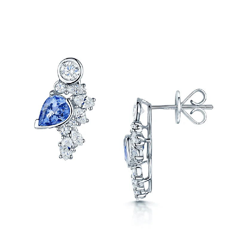 Custom Diamond Earrings For Proposal-18ct White Gold Pear Tanzanite & Marquise Diamond Cascade Cluster Earrings