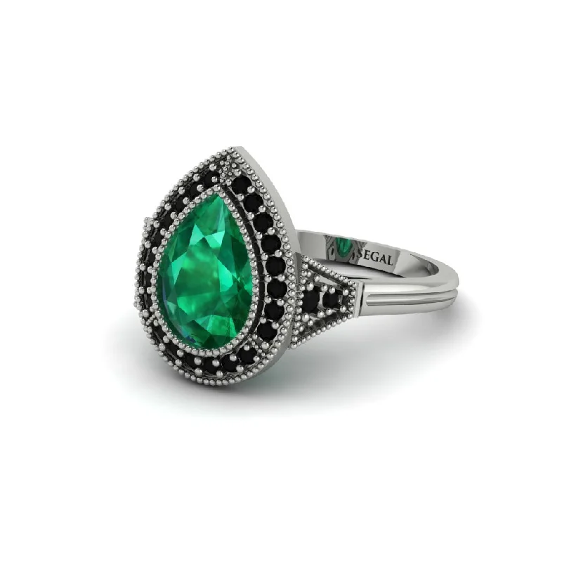 Unique Gemstone Rings For Birthday Gifts-Pear Cut Emerald Milgrain Halo Engagement Ring - Daleyza No. 36