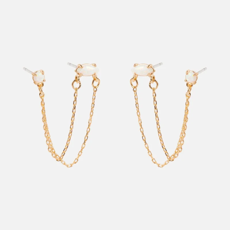 Pearl Earrings With Gold Finish-Double Piercing Dangle Chain Earrings