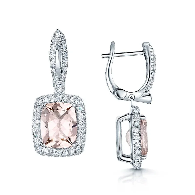 Gemstone Drop Earrings-18ct White Gold Cushion Cut Morganite And Diamond Pave Set Drop Earrings