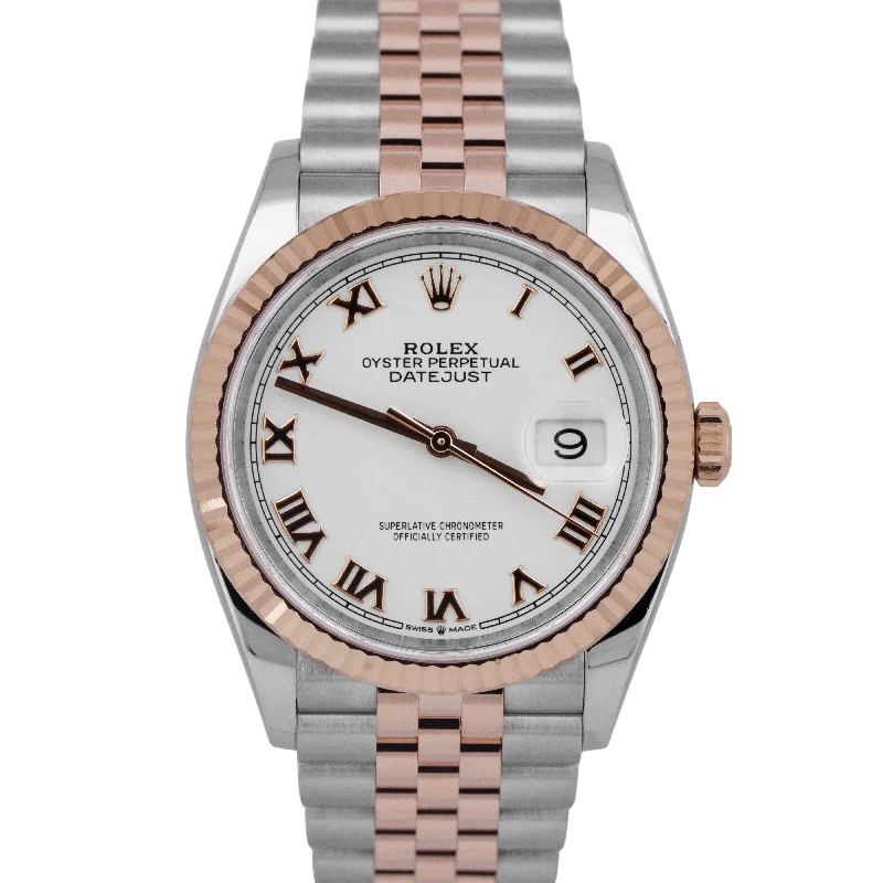 Classic Leather Strap Watches-MINT Rolex DateJust 36 White Roman 18k Rose Gold Steel JUBILEE 36mm 126231