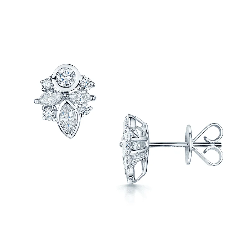 Artistic Hoop Earrings For Women-18ct White Gold Marquise And Brilliant Cut Diamond Rub-Over Cluster Earrings