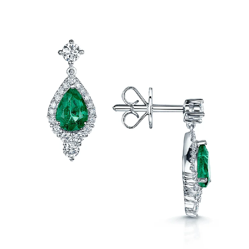 Silver Chain Earrings For Fashion-18ct White Gold Pear Shaped Emerald And Diamond Vintage Halo Drop Earrings