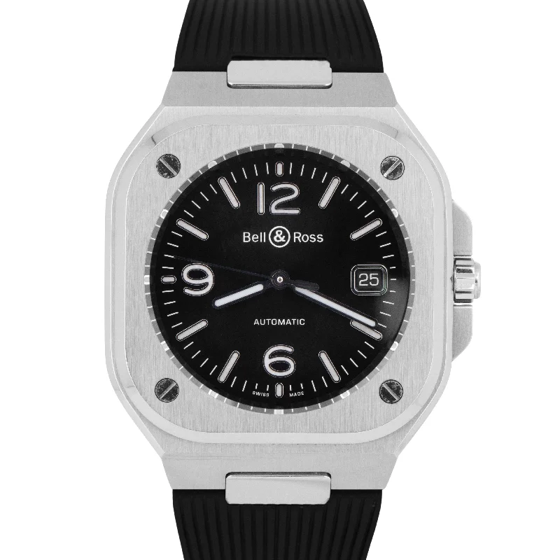 Vintage Inspired Watches For Collectors-Bell & Ross Black Stainless Steel 40mm Rubber Date Watch BR05A-BL-ST/SRB BOX