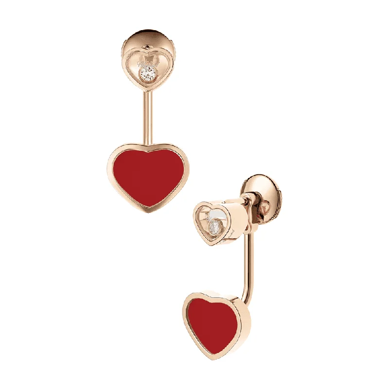 Simple Gold Drop Earrings-18ct Rose Gold Happy Hearts Red Stone & Diamond Drop Earrings