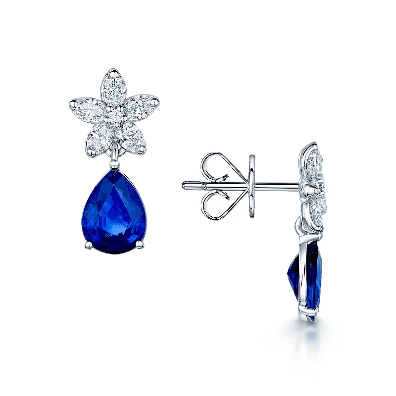 Statement Earrings For Fashion Bloggers-18ct White Gold Pear Sapphire And Marquise Diamond Flower Cluster Earrings