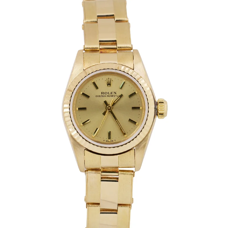 Women’s Watches With Water Resistance-1985 Ladies Rolex Oyster Perpetual 26mm CHAMPAGNE 18K Yellow Gold Fluted 67198