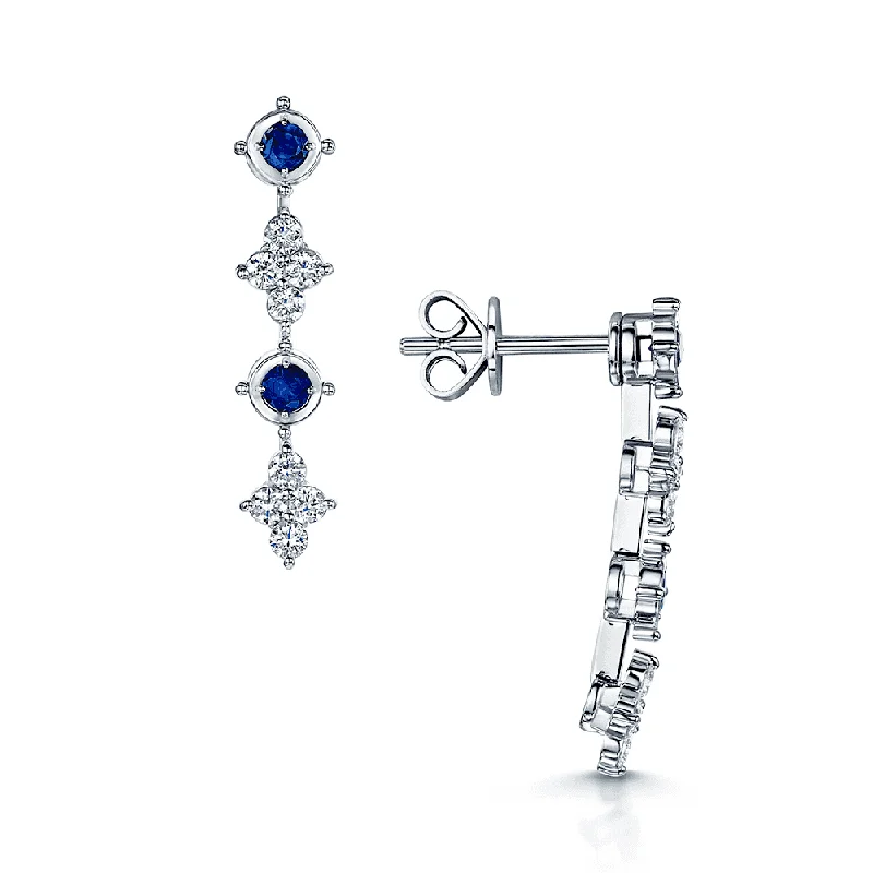 Beautiful Gemstone Earrings-18ct White Gold Sapphire And Diamond Flower Drop Fancy Earrings