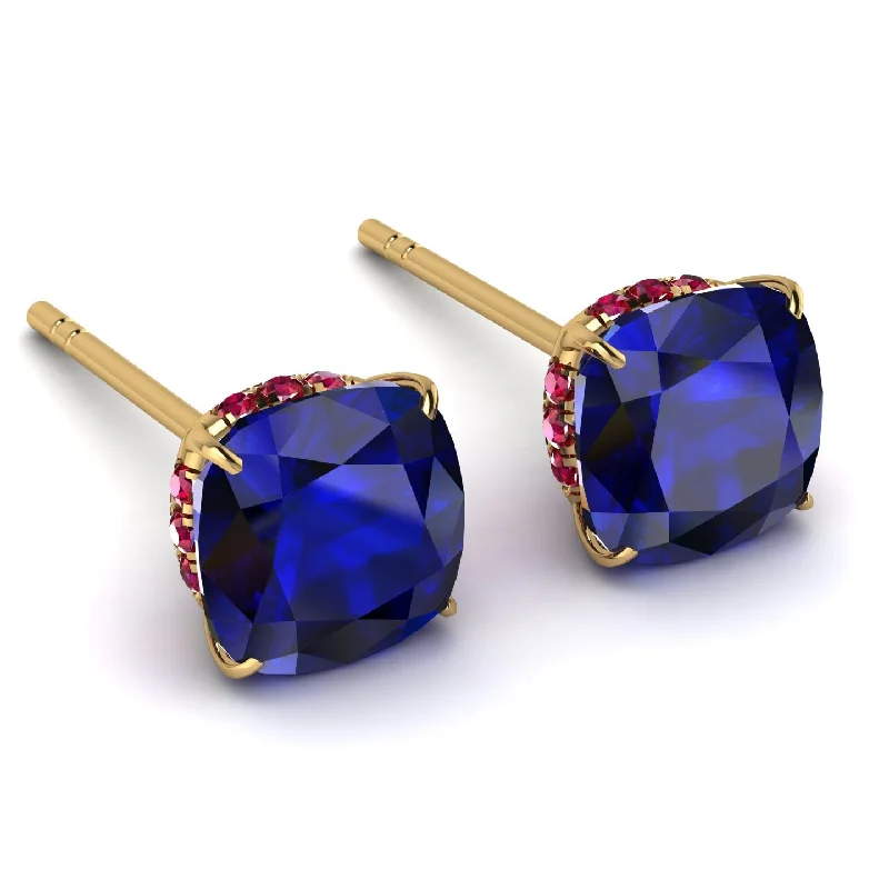 Contemporary Earrings For Fashion Lovers-Hidden Halo Cushion Sapphire Earrings - Alivia No. 58