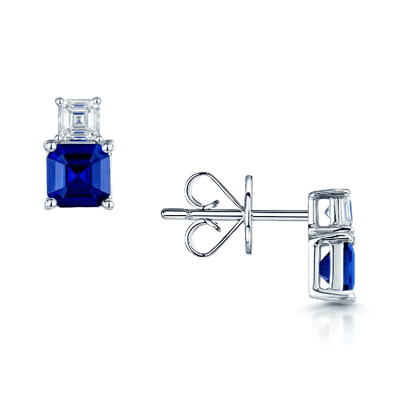 Vintage Art Deco Earrings-18ct White Gold Claw Set Step-Cut Blue Sapphire & Asscher Cut Diamond Earrings