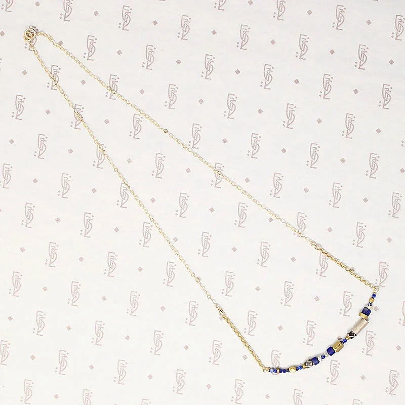 Bohemian Beaded Necklace For Festivals-Vivid Blue Lapis & Brass Bead Arc Necklace by Brin