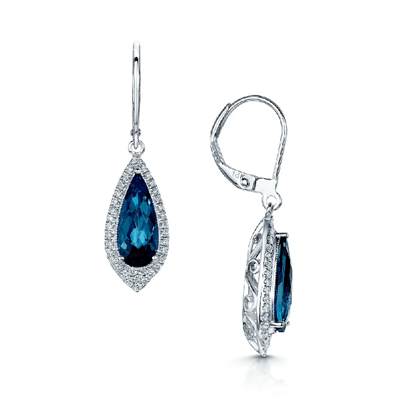 Silver Earrings For Minimalist Look-18ct White Gold Pear Shaped London Blue Topaz Drop Earrings With Pave Diamond Surround