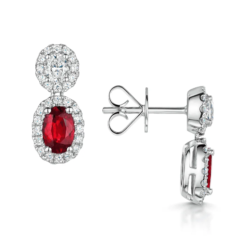 Personalized 3D Earrings For Unique Style-18ct White Gold Oval Ruby And diamond Double Halo Drop Earrings