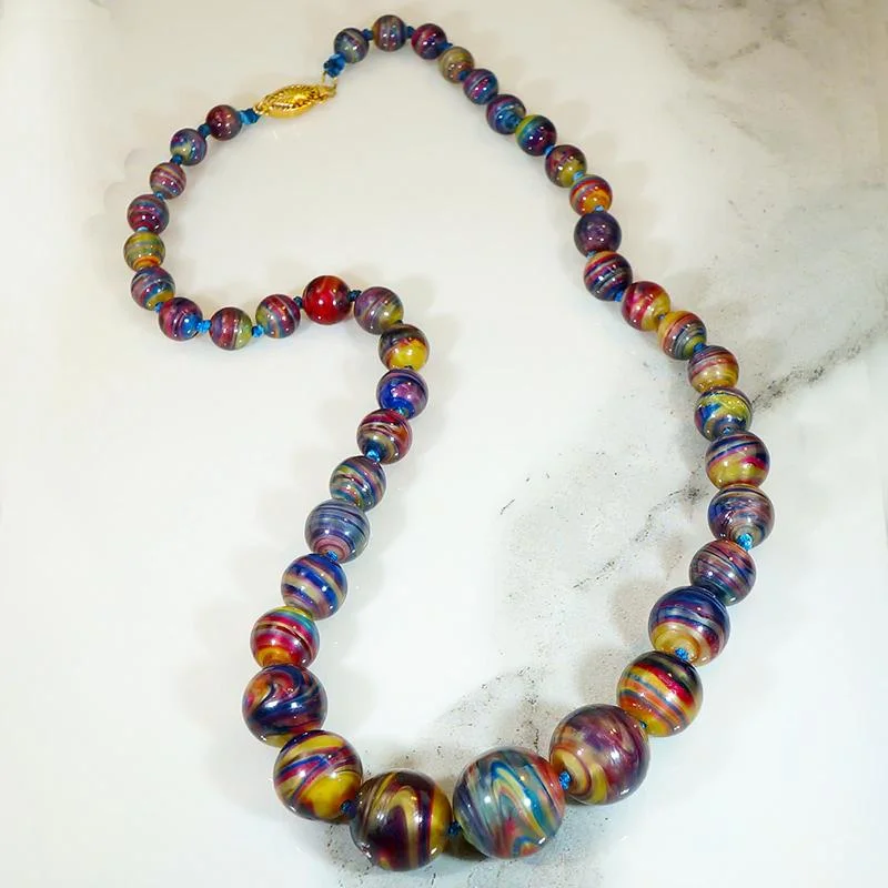 Classic Gold Pendant Necklace For Women-Brilliantly Colored Strand of Spun Glass Beads