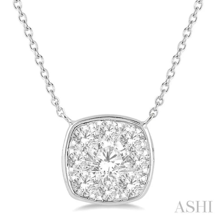 Simple Gold Pendant Necklace For Work-3/4 Ctw Cushion Shape Lovebright Diamond Necklace in 14K White Gold