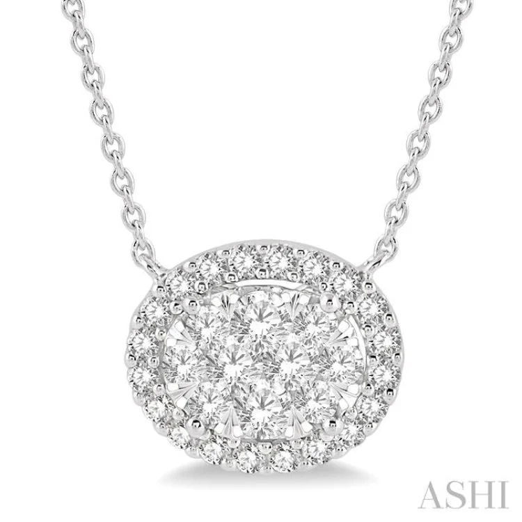 Layered Necklace Set For Stylish Look-3/4 ctw Oval Shape Round Cut Diamond Lovebright Necklace in 14K White Gold