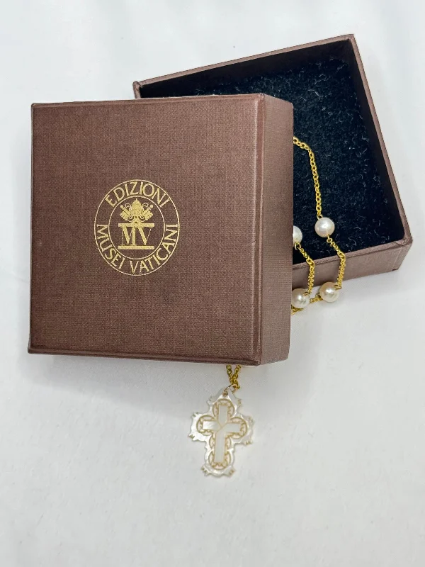 Elegant Sapphire Pendant Necklace For Events-Estate Collection - Necklace - Vatican Mother of Pearl and Gold Cross Necklace