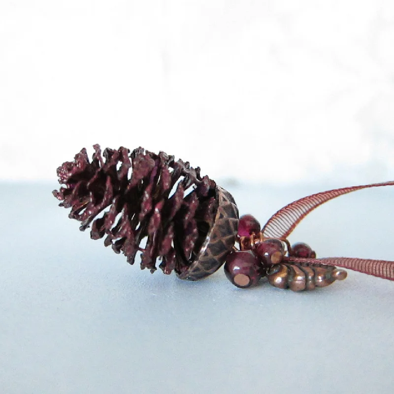 Custom Initial Necklace For Personalized Style-Garnet Pine Cone Necklace with Real Pine Cone