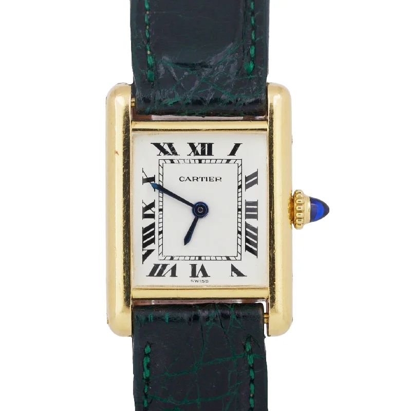 Automatic Watches For Watch Collectors-VINTAGE Ladies Cartier Tank Louis 18k Gold Green Leather 78087 21mm Manual Watch