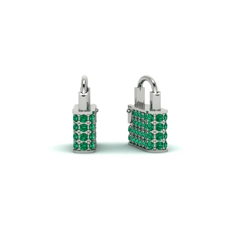 Retro Hoop Earrings For Women-Gold Padlock Hoop Emerald Earrings - Queenie No. 6