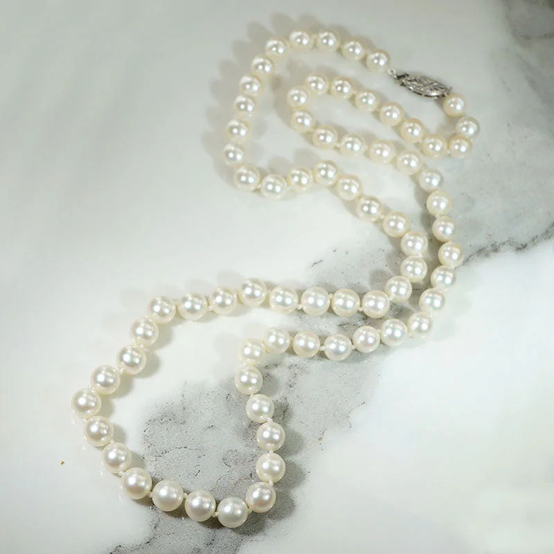 Handcrafted Silver Necklace For Gift Giving-Glossy White 25.5" Pearl Necklace with White Gold Clasp