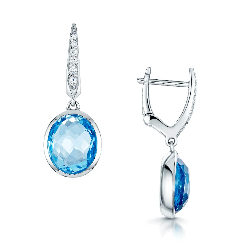 Elegant Pearl Earrings For Formal Events-18ct White Gold Oval Blue Topaz And Diamond Drop Earrings