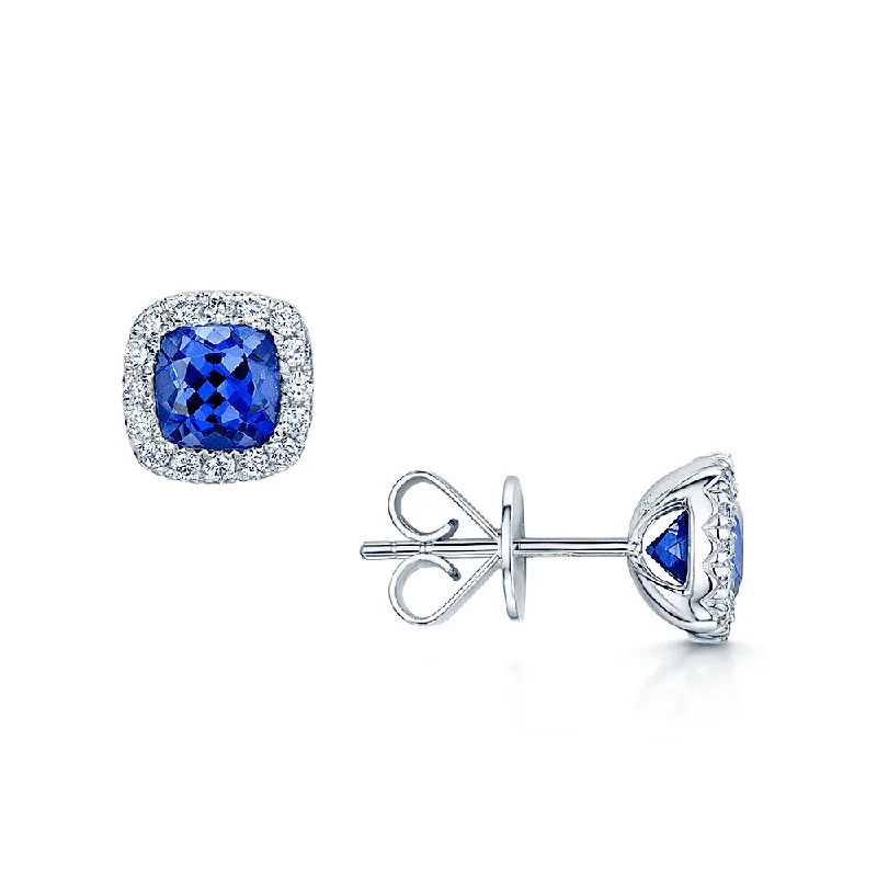 Trendy Earrings For Women Over 30-18ct White Gold Cushion Shape Tanzanite & Diamond Stud Earrings