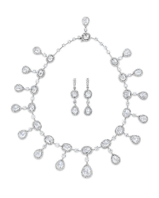 Long Silver Necklace For Casual Wear-Rose Cut Diamond Necklace and Earrings, 61.28 carats