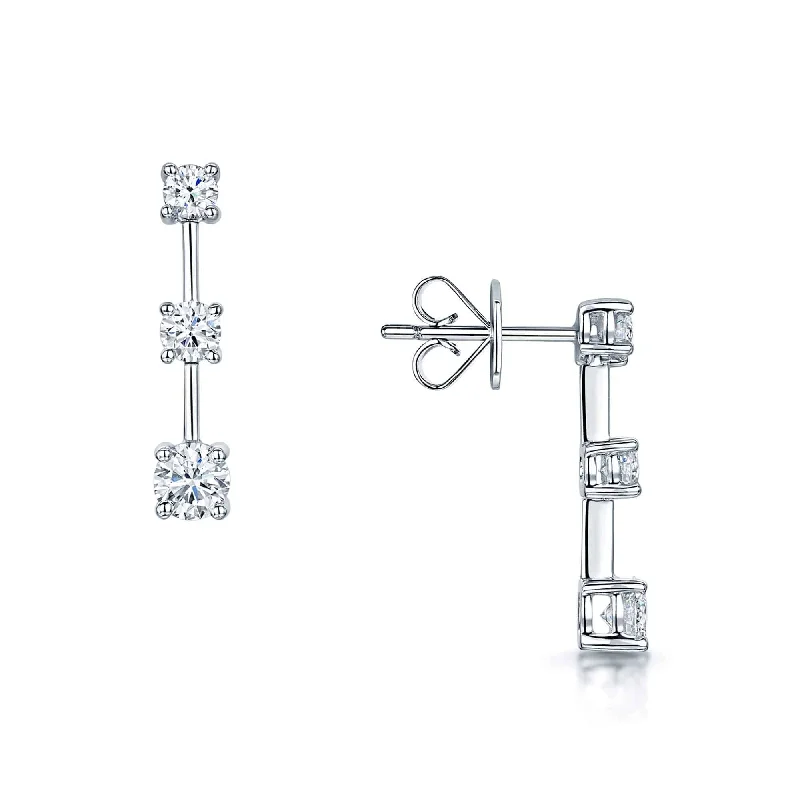 Fancy Earrings For Bridal Showers-18ct White Gold Three Stone  Diamond Bar Set Drop Earrings