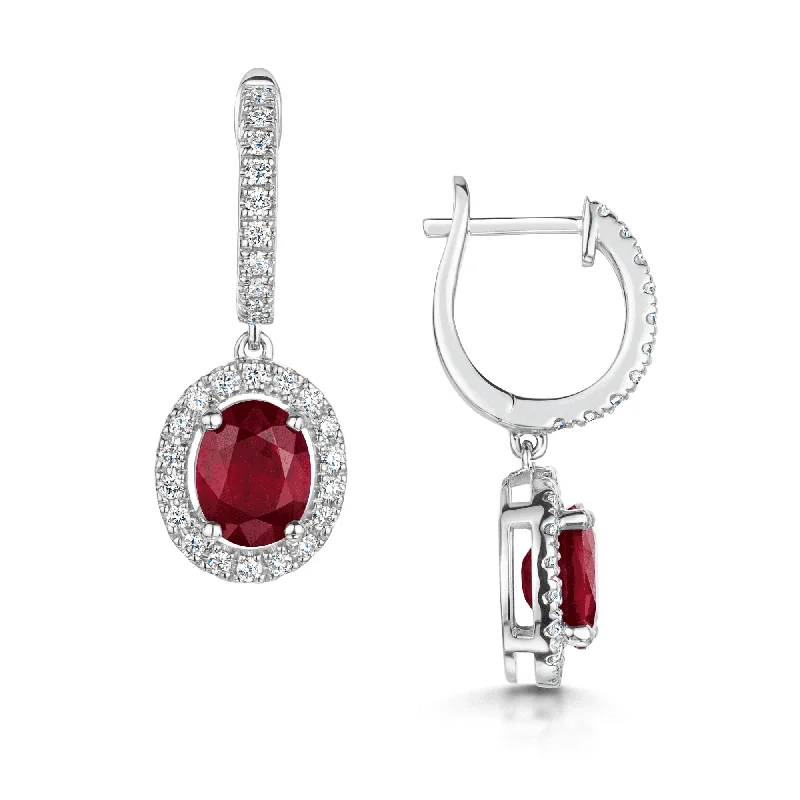 Silver Earrings With Rose Quartz-18ct White Gold Oval Ruby And Diamond Halo Surround With Diamond Hoops