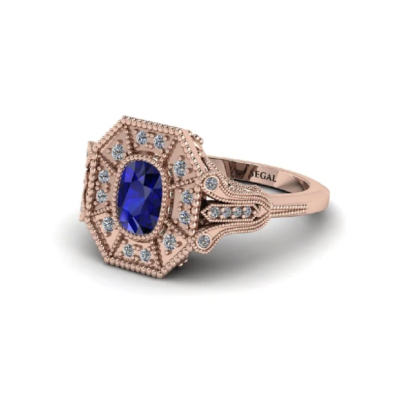 Custom Gold Band Rings For Weddings-Sapphire Cushion Cut Art Deco Engagement Ring - Alicia No. 14