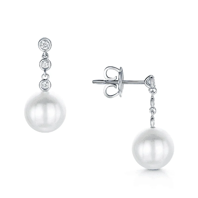 Elegant Long Earrings For Night Out-18ct White Gold Cultured Pearl And Diamond Rub-Over Drop Earrings