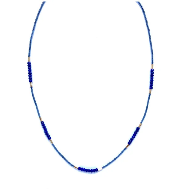 Trendy Chain Necklace For Casual Wear-Grey seed, gold vermeil and lapis beads necklace