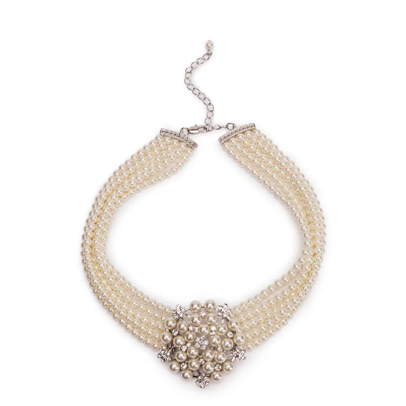 Unique Crystal Necklace For Fashion Lovers-Audrey Hepburn Inspired Necklace: 5 Row Cream Glass Pearl Choker