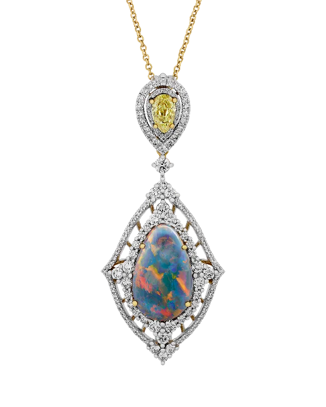 Trendy Statement Necklace For Fashionistas-Black Opal and Natural Fancy Yellow Diamond Necklace