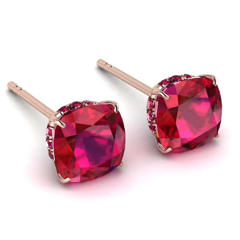 Custom Earrings For Holiday Gifts-Hidden Halo Cushion Ruby Earrings - Alivia No. 56