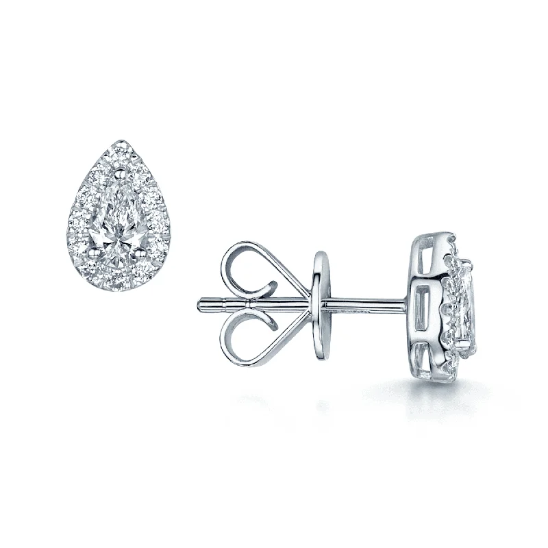 Cute Heart-Shaped Earrings-18ct White Gold Pear Cut Diamond With Halo Surround Stud Earrings