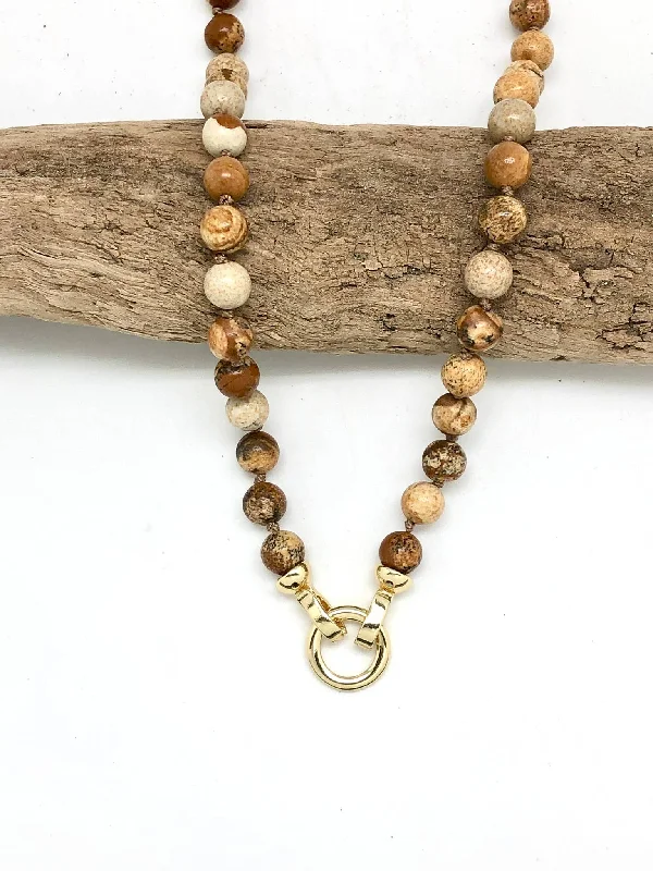 Unique Gemstone Necklace For Elegant Look-Necklace - PIcture Jasper Double Knotted 8mm w/Gold Clasp