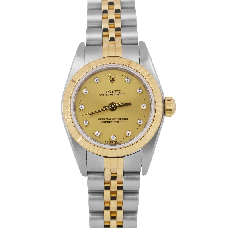 Trendy Watches For Young Women-MINT PAPERS Rolex Oyster Perpetual 24mm 18K FACTORY DIAMOND Champagne 76193 BOX