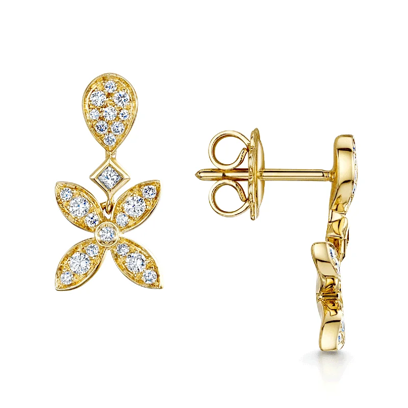 Gold Earrings With Colored Stones-18ct Yellow Gold Fleur Pave Diamond Stud Earrings