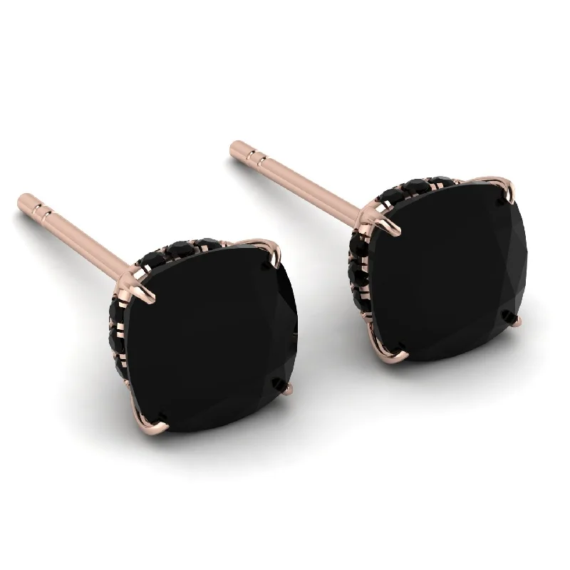 Beautiful Hoop Earrings For Weddings-Hidden Halo Cushion Black Diamond Earrings - Alivia No. 38